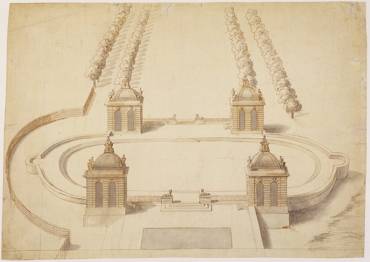 Design para um Bowling Green, Hampton Court, c.1689-91 (caneta e tinta marrom, lavagem e grafite sobre papel) de Nicholas Hawksmoor