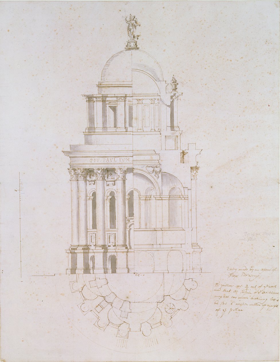 Elevação, corte transversal e plano de um batistério não realizado para a Catedral de São Paulo, c.1711-12 (caneta e tinta no papel) de Nicholas Hawksmoor
