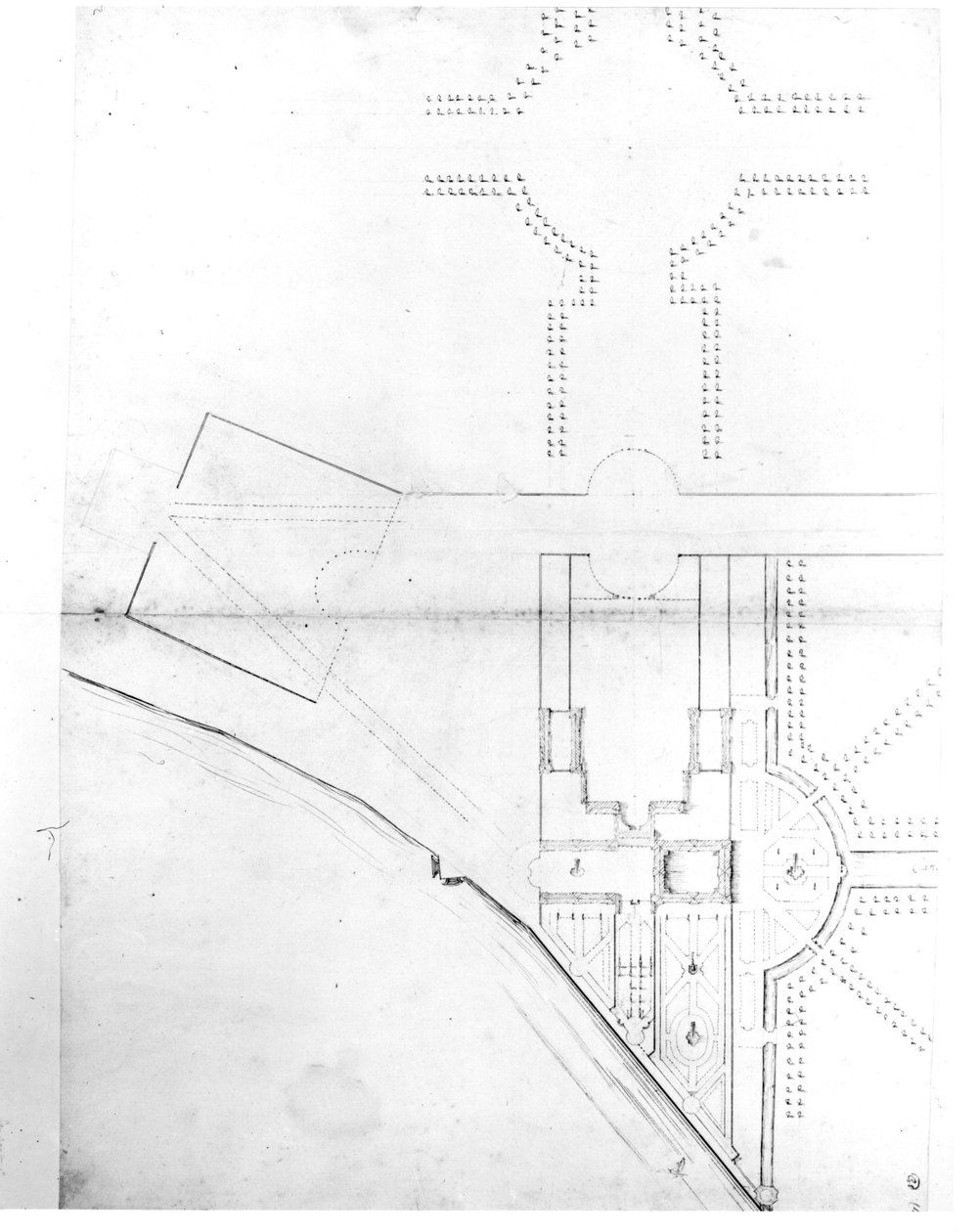 Plano de local do esquema I, Hampton Court, 1689 (caneta e tinta sobre papel) de Nicholas Hawksmoor