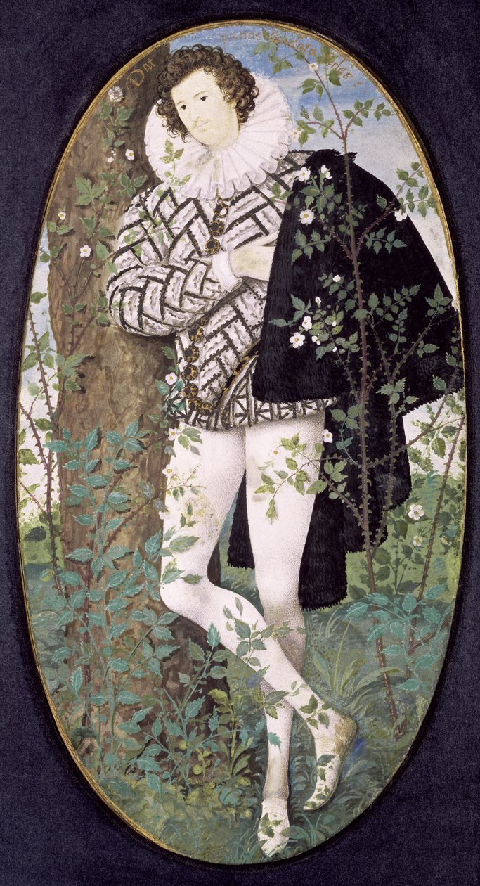 Um, homem jovem, apoiando uma árvore, entre, rosas, (bodycolour, ligado, velino) de Nicholas Hilliard