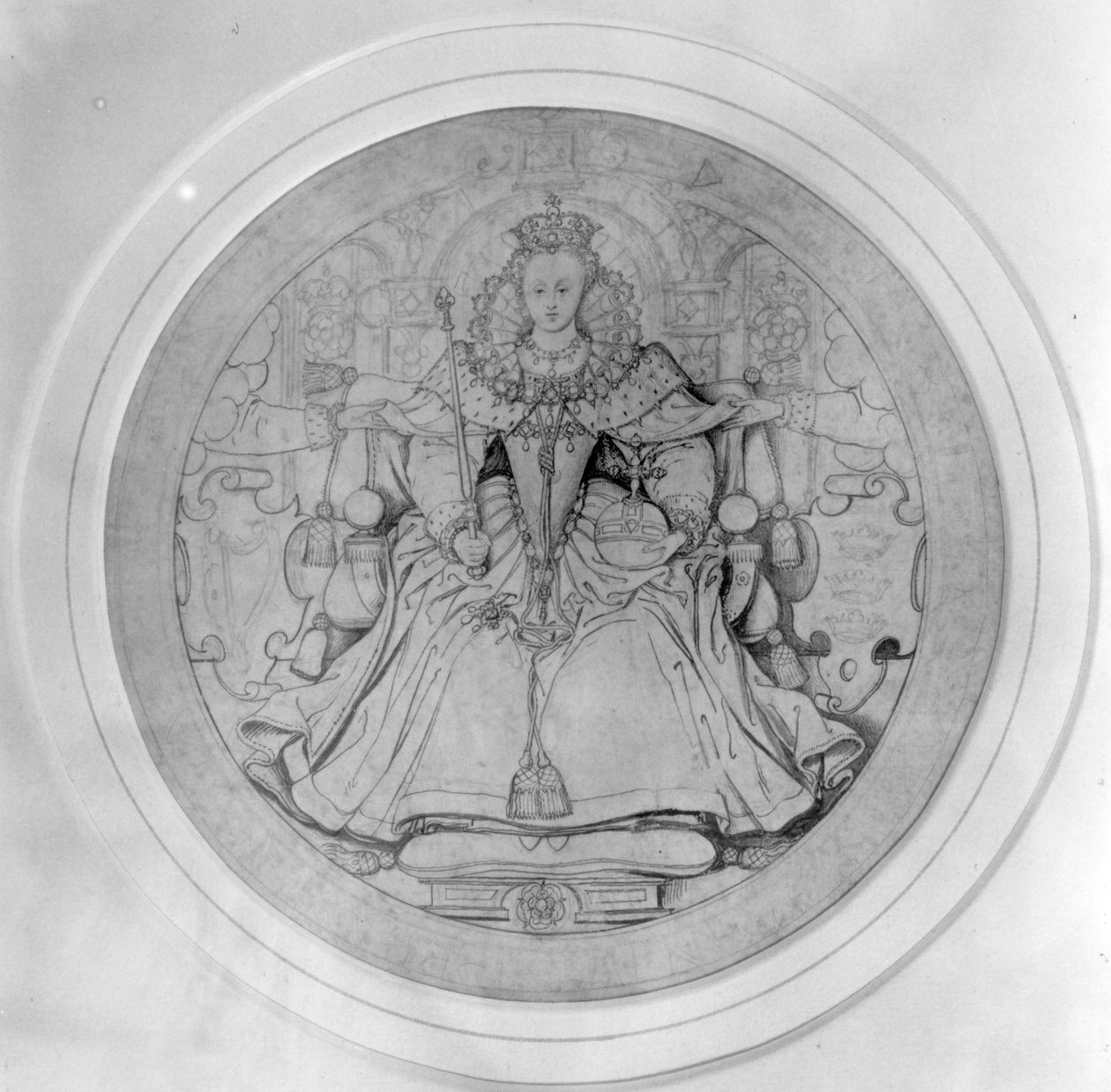 Design para o anverso do Grande Selo da Irlanda da Rainha Elizabeth I, c.1584 (caneta, tinta e grafite sobre velino) de Nicholas Hilliard