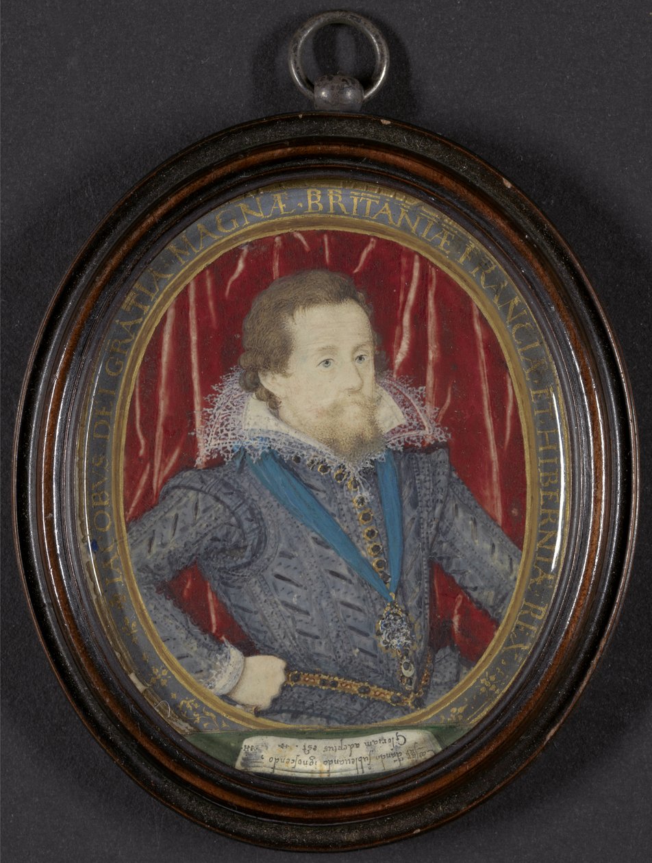Jaime I da Inglaterra e VI da Escócia, c.1610 (w - c, guache e ouro, caneta e tinta preta em pergaminho) de Nicholas Hilliard