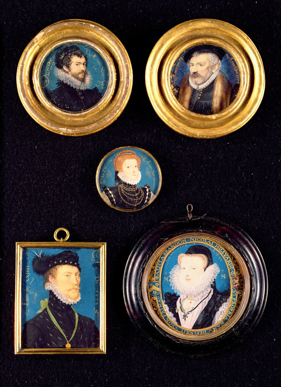 Miniaturas do pai e da mãe de Hilliard, auto-retrato e retratos desconhecidos de homem e mulher de Nicholas Hilliard