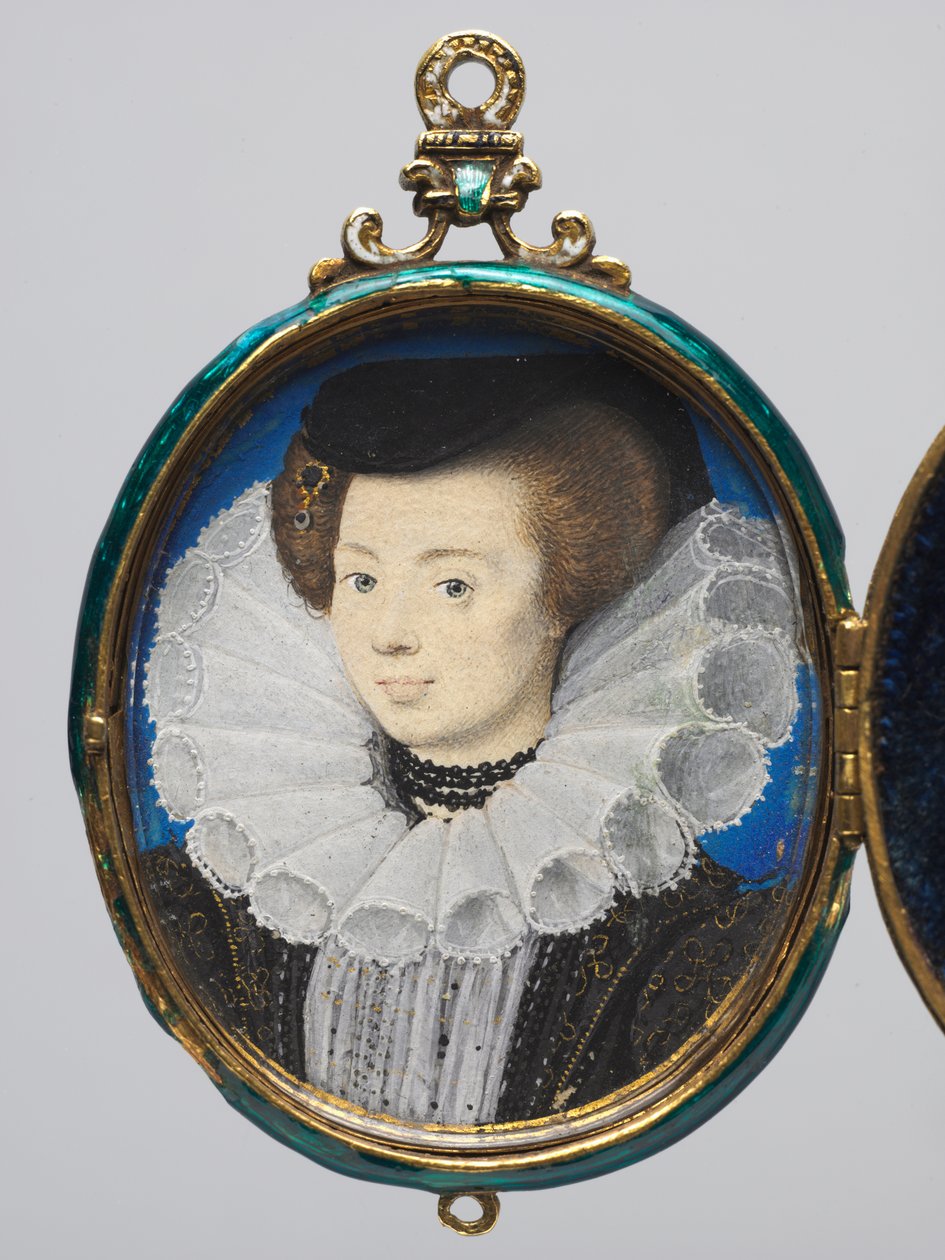Retrato de mulher, c.1593 (aquarela sobre pergaminho em moldura de medalhão de ouro e esmalte) de Nicholas Hilliard