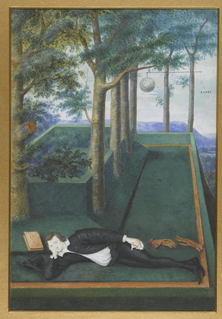 Retrato de um nobre reclinado em uma corte coberta de vegetação; Retrato de Henry Percy, 9º Conde de Northumberland de Nicholas Hilliard