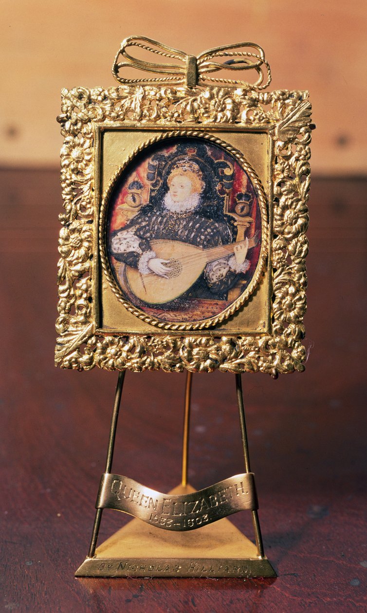 Rainha Elizabeth I tocando alaúde (miniatura, incluindo suporte de latão) (veja também 75751) de Nicholas Hilliard
