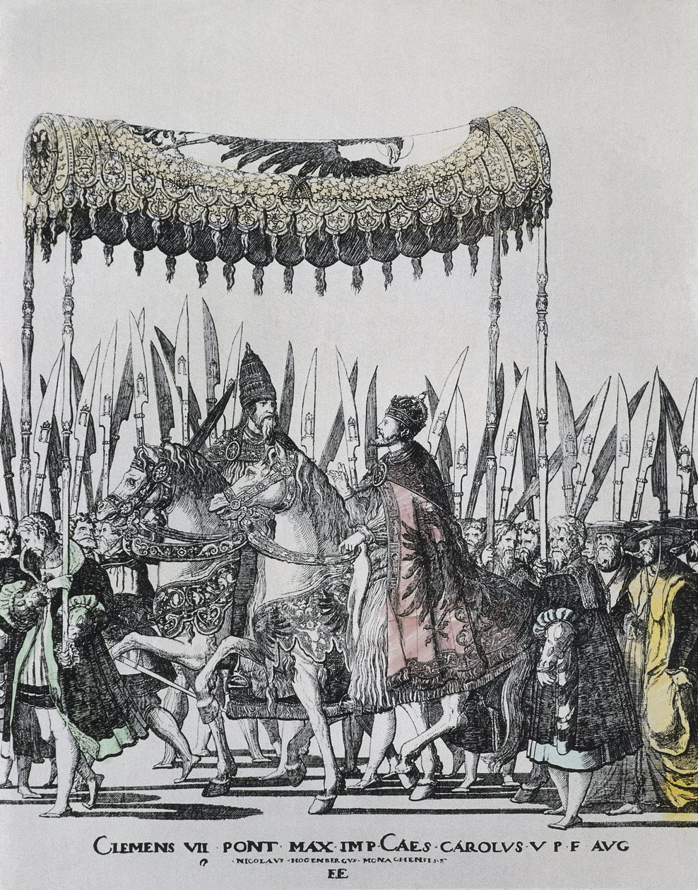 HOGENBERG, Nicolas (1500-1539). A Coroação de Carlos V em Bolonha. CHARLES V (1500-1558). Santo Imperador Romano (1519-1556) e Rei de Espanha (1516-1556), como Carlos I.; CLEMENTE VII (1478-1534). Papa entre 1523 e 1534. Gravura de Nicholas Hogenberg