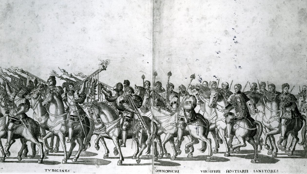 Placa 12 e 13 da entrada do Papa Clemente VII e imperador Carlos V em Bolonha em 24 de fevereiro de 1530, publicado c.1530 de Nicholas Hogenberg
