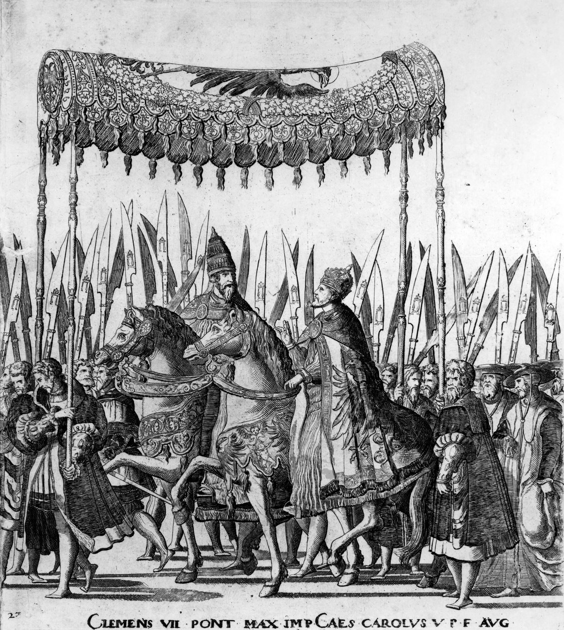 A entrada do Papa Clemente VII e do imperador Carlos V em Bolonha em 24 de fevereiro de 1530, placa 27, c.1530 (detalhe de 472273) de Nicholas Hogenberg