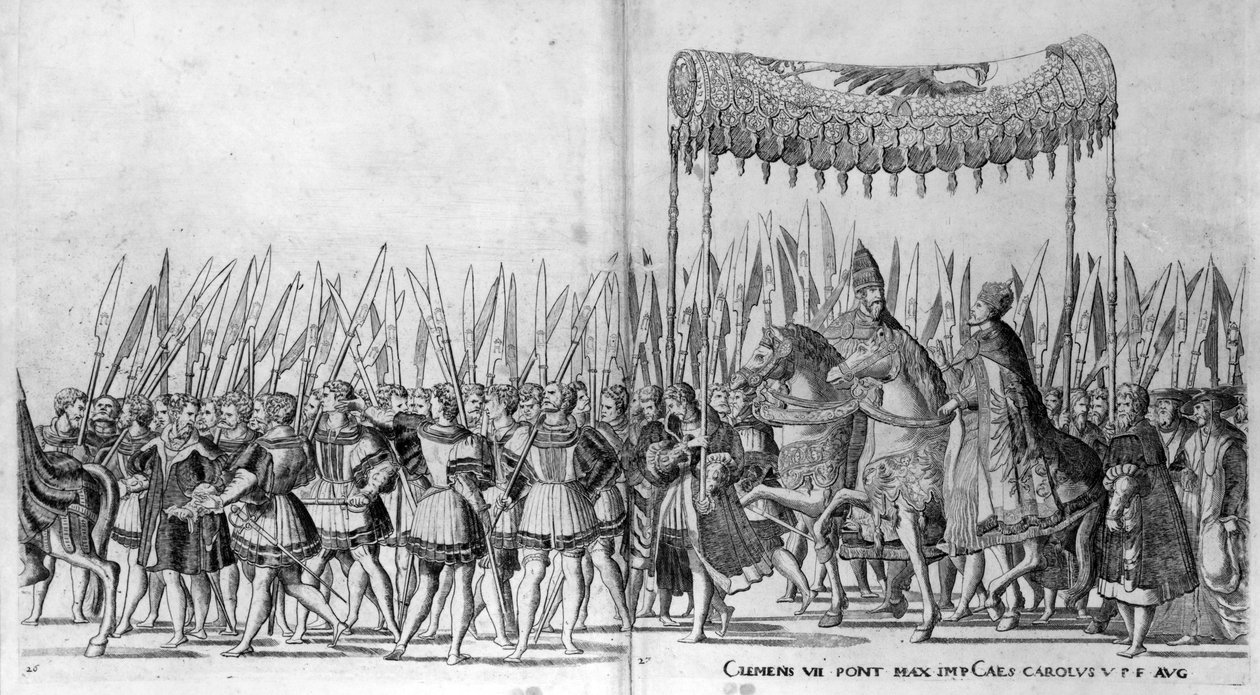 A entrada do Papa Clemente VII e do imperador Carlos V em Bolonha em 24 de fevereiro de 1530, placa 27, c.1530 de Nicholas Hogenberg
