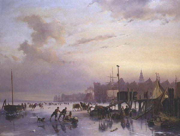 Uma paisagem fluvial de inverno com inúmeros patinadores de Nicholas Jan Roosenboom