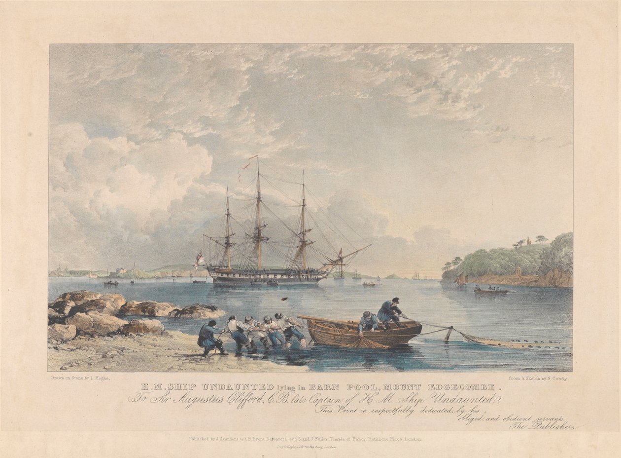 Litografia do HMS "Undaunted" (1807) deitado em Barn Pool, Mount Edgecombe, c.1797-1811 (litografia, colorida) de Nicholas Matthews (after) Condy