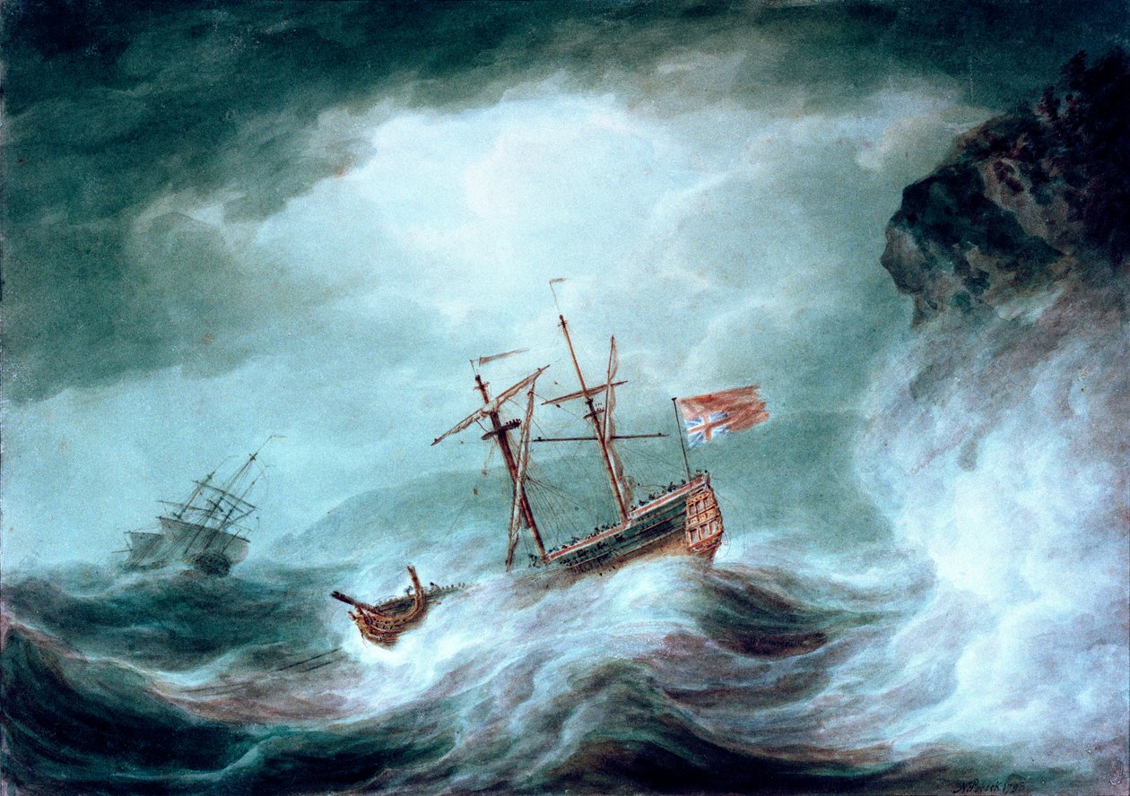 Uma tempestade, com um navio ancorado em perigo ao largo de uma costa rochosa de Nicholas Pocock