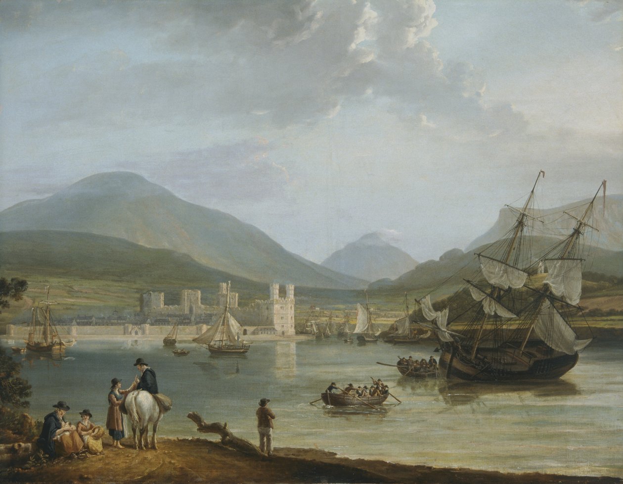 Castelo e baía de Caernarvon (óleo sobre tela) de Nicholas Pocock