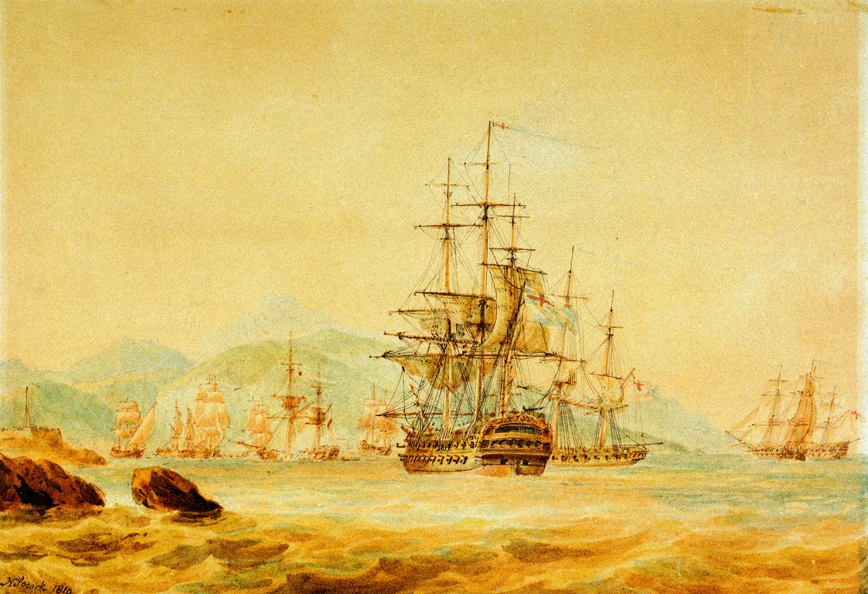 O "Agamemnon" corta os navios franceses de Port Maurice, perto de Oneglia de Nicholas Pocock