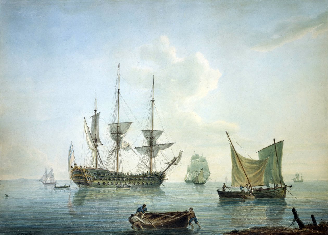 Fragata de terceira classe (70 canhões), um barco de pesca e outros barcos ao largo da costa sul de Inglaterra de Nicholas Pocock