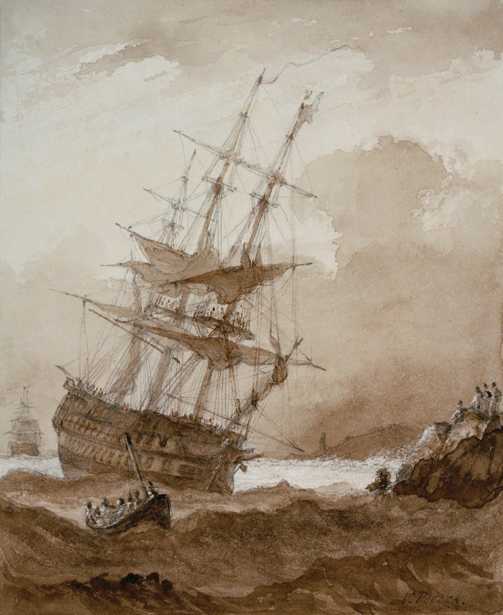 Dois convés num vendaval ao largo da costa, finais do século XVIII a inícios do século XIX (lavagem a castanho) de Nicholas Pocock