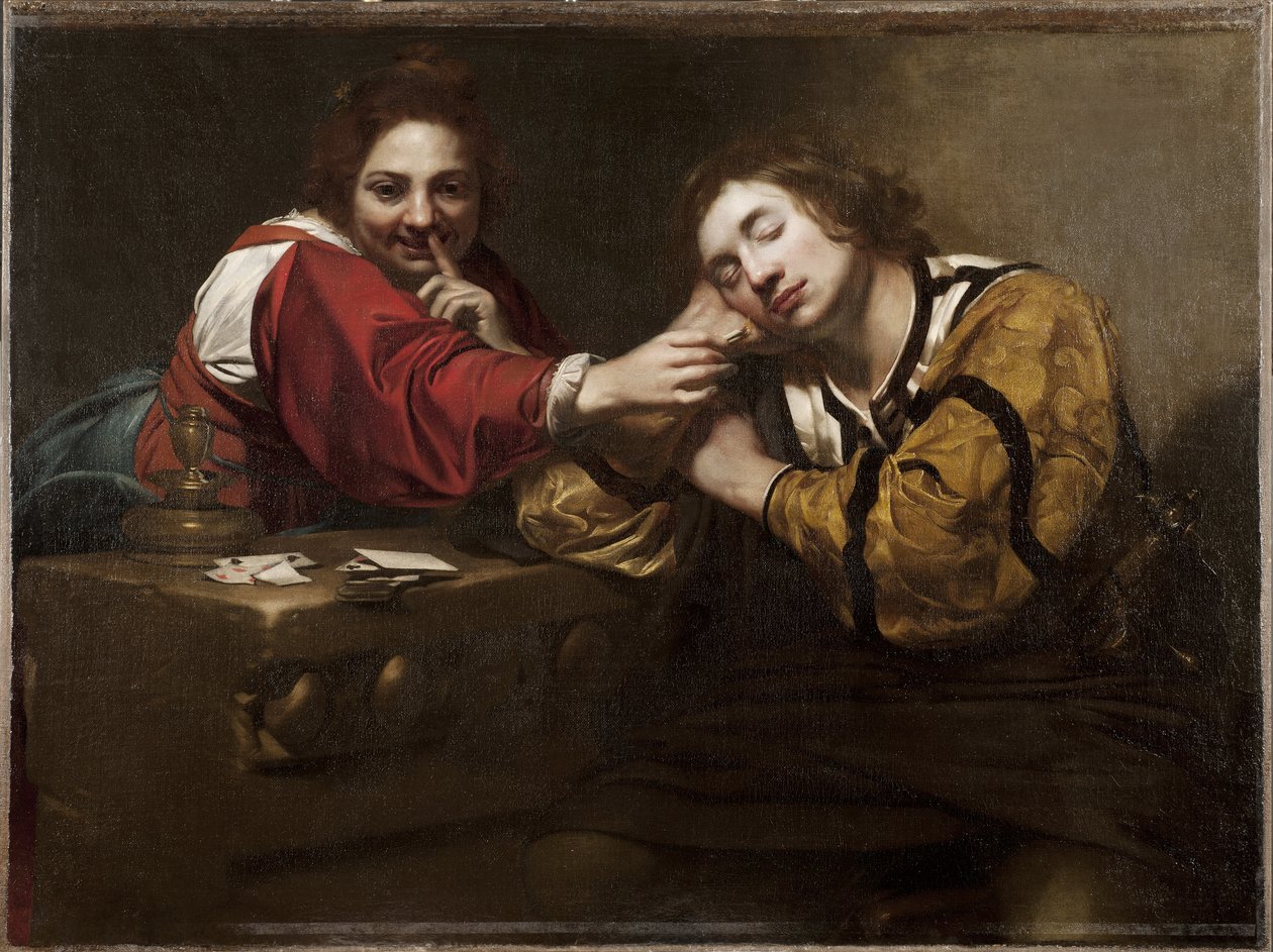 Cena de bonne aventure (un dormeur reveille par une jeune femme) - Fortune Telling Scene (Sleeper Awakened by a Young Woman), de Renieri, Niccolo (Nicolas Regnier) (c. 1590-1667). Óleo sobre tela de Nicholas Renieri