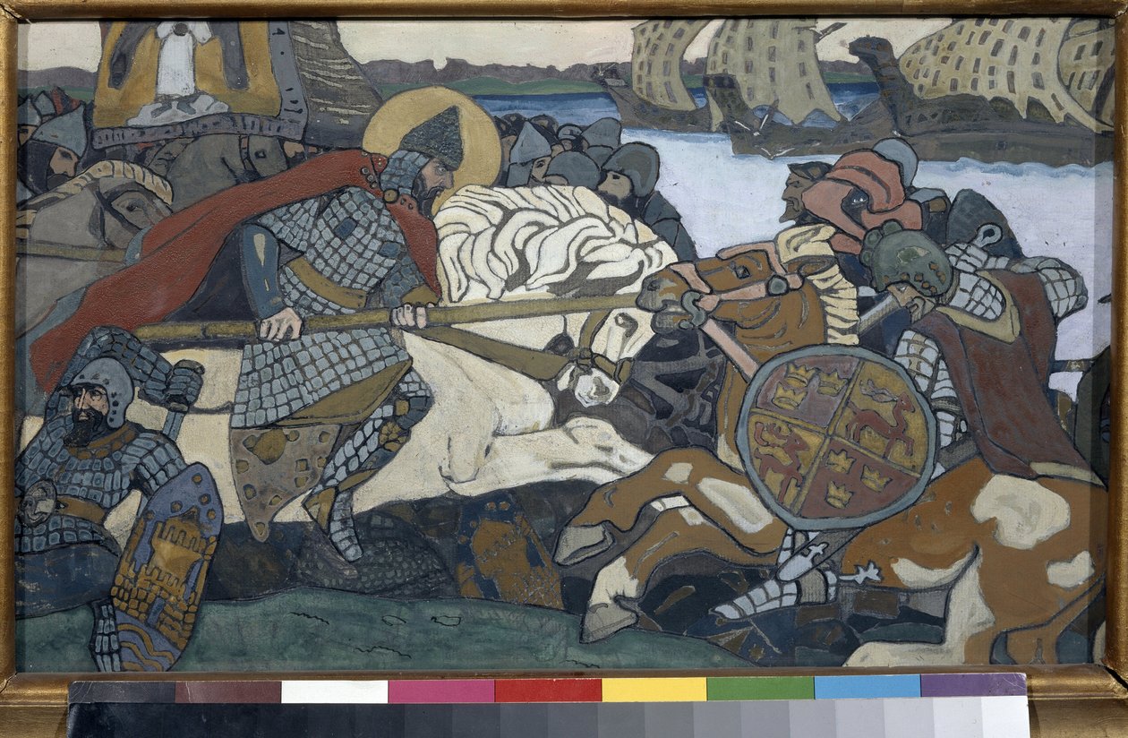 Alexander Nevsky (1220-1263) a bater Birger Jarl (1210-1266) (ou Birger Magnusson de Bjalbo). Episódio da Batalha de Neva (1240), de Nicolas Roerich (1874-1947), gouache em cartão de Nicholas Roerich