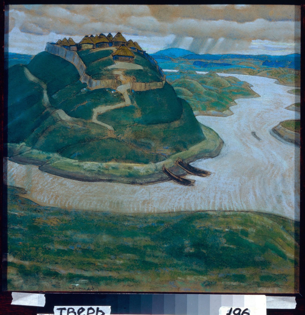 Antigo acampamento eslavo fortificado. Obra de Nicolas (Nicholas) Roerich (1874-1947), pastel sobre cartolina. Arte russa, século 20, simbolismo. Galeria de Arte Regional, Tver. de Nicholas Roerich