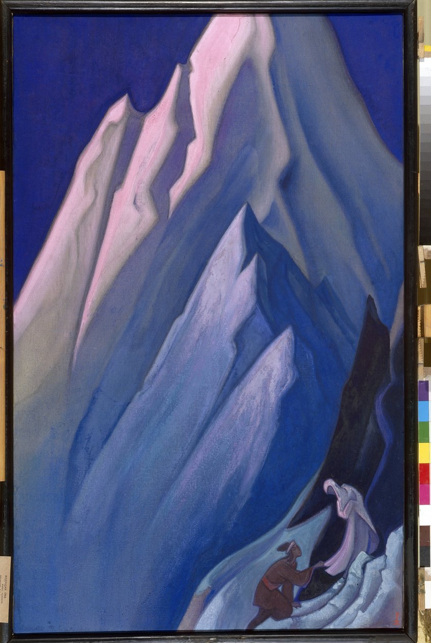 Ela Que Lidera. Nas montanhas do Himalaia, um homem ajoelhado toca o fundo do manto de uma mulher, espiritualidade budista. Obra de Nicholas Roerich (1874-1947), têmpera sobre tela de Nicholas Roerich