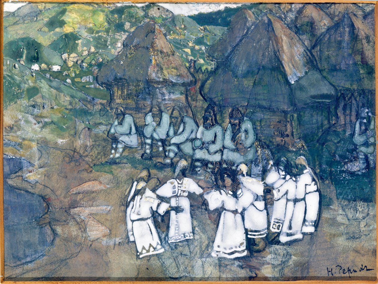 Cercle de danse (redonda). Oeuvre de Nicolas (Nicholas) Roerich (1874-1947), watercolourelle et gouache sur papier, vers 1900-1910. Art russe, 20th siecle, symbolism; State M. Nesterov Art Museum of Republic Bashkortostan, Ufa (Russie). de Nicholas Roerich