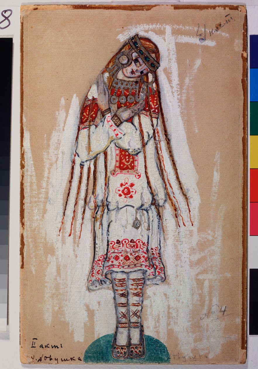 Traje para uma personagem feminina no ballet "The Rite of Spring" de Igor Stravinsky (1882-1971). Trabalho de Nicolas (Nicholas) Roerich (1874-1947), guache sobre papelão de Nicholas Roerich