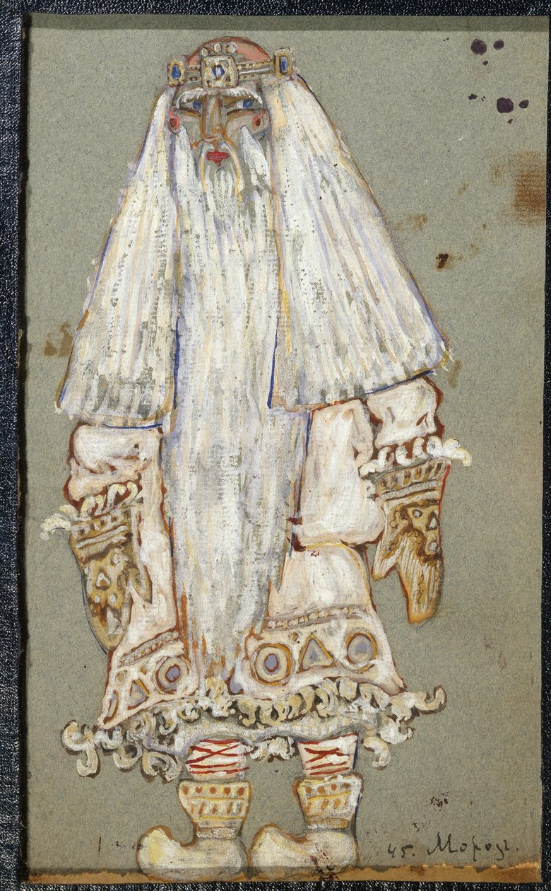 Ded Moroz (Grandpa Gel, Pere Noel). Desenho de figurino para a peça The Snow Maiden de Alexander Ostrovsky (1823-1886). Trabalho de Nicholas Roerich (1874-1947), tempera sobre papel de Nicholas Roerich