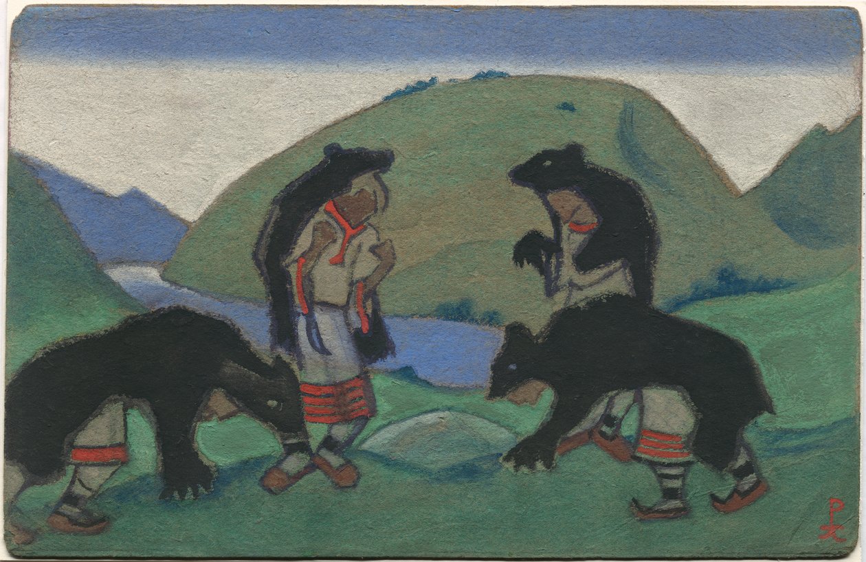 Anciãos em peles de urso, decoração e figurinos do ballet de Stravinsky "O rito da primavera", 1944 de Nicholas Roerich