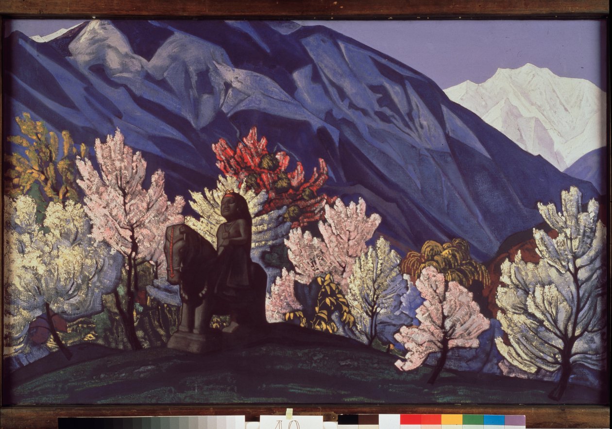 Guga Chohan. Vale de Kulu (Índia). (Estátua equestre entre as árvores floridas dos Himalaias). Pintura de Nicolas (Nicholas) Roerich (1874-1947), tempera sobre tela de Nicholas Roerich