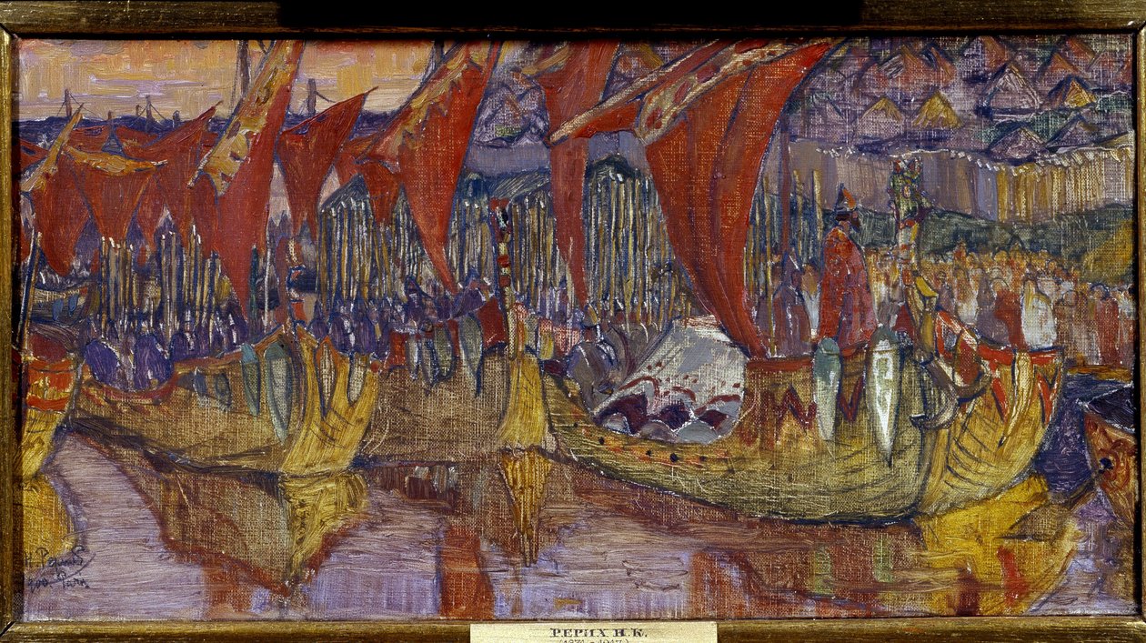 A campanha Chersonessos de Vladimir o Grande (ou O Santo, ou o Sol Vermelho, Vladimir I Sviatoslavitch de Kiev, 958-1015). As Velas Vermelhas. Pintura de Nicolas Roerich (1874-1947), óleo sobre tela de Nicholas Roerich