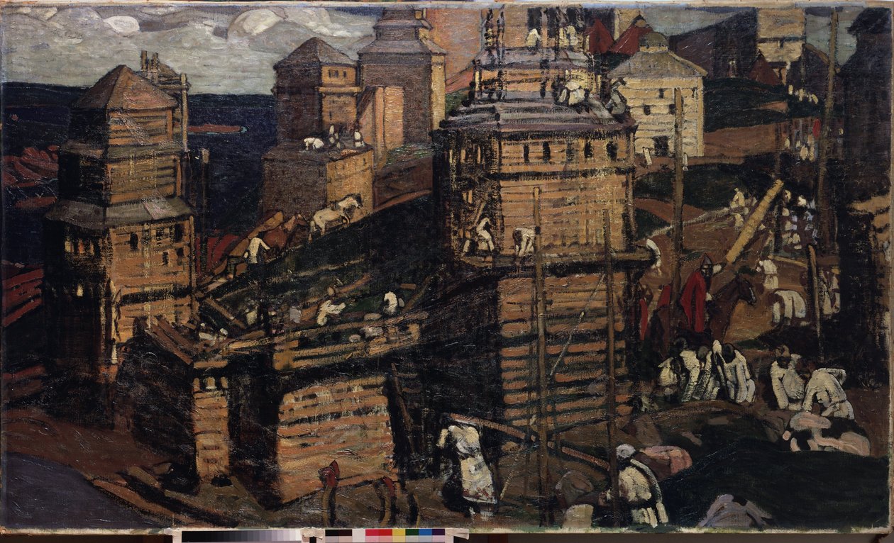 Construir uma cidade. (para uma comunidade rural na Ucrânia). Pintura por Nicholas Roerich (1874-1947), óleo sobre tela de Nicholas Roerich
