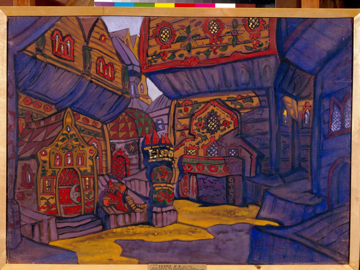 A corte do príncipe Vladimir Galitsky. Decoração para a ópera ""Príncipe Igor"" de Alexandre Borodin (Borodin) (1833-1887) Obra de Nicolas (Nicholas) Roerich (1874-1947), guache e têmpera sobre papel de Nicholas Roerich
