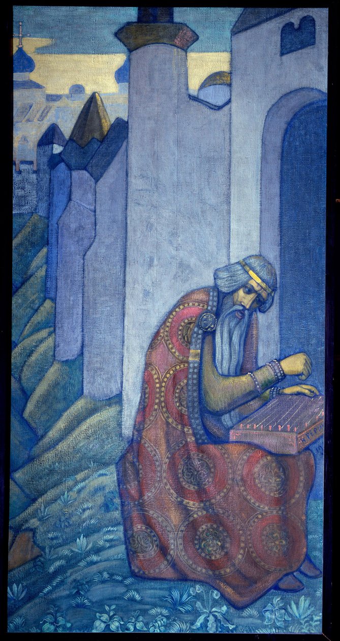 O bardo russo Boyan a tocar gusli (gusli, housli, husli) no século XI. Pintura de Nicolas (Nicholas) Roerich (1874-1947), tempera sobre tela de Nicholas Roerich