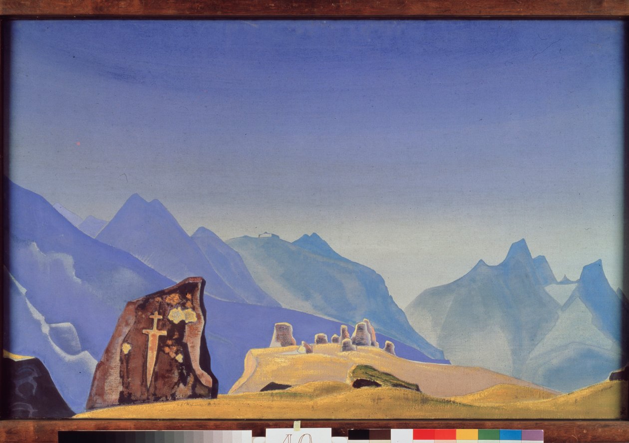 A espada de Gesar Khan (ou Rei Gesar de Ling, herói mongol e tibetano). (Túmulo de pedra em um cume da cadeia do Himalaia). Obra de Nicolas (Nicholas) Roerich (1874-1947) têmpera sobre tela de Nicholas Roerich