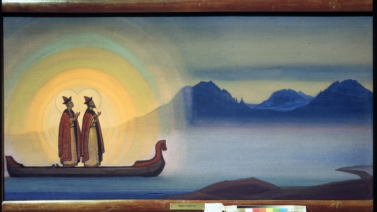 Santos Boris e Gleb (irmãos assassinados entre 1015 e 1019, são os primeiros santos da Rússia, canonizados em 1071). Pintura de Nicolas (Nicholas) Roerich (1874-1947), teampera sobre tela de Nicholas Roerich