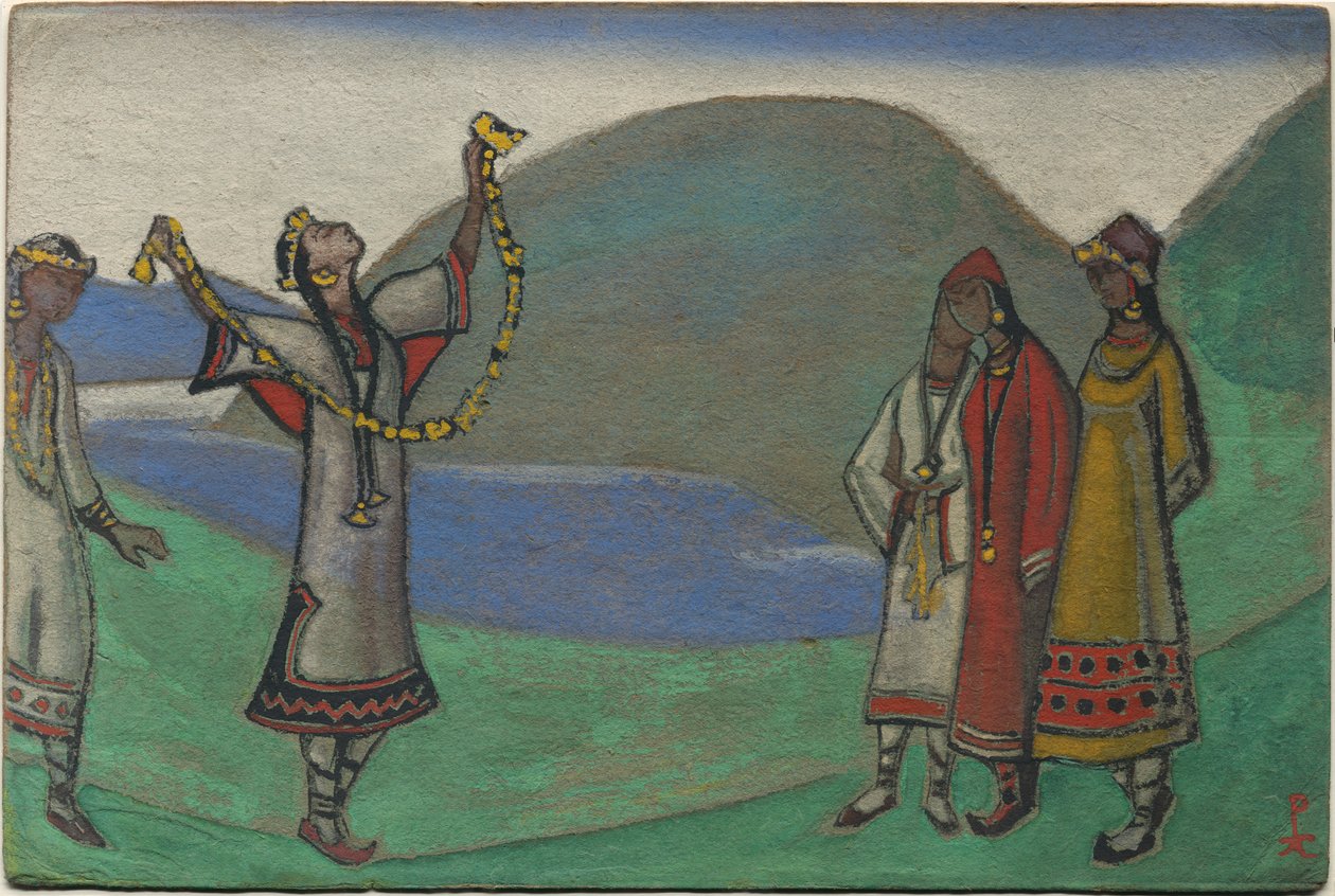 Donzelas, decoração e figurinos do ballet de Stravinsky "O Rito da Primavera", 1944 de Nicholas Roerich