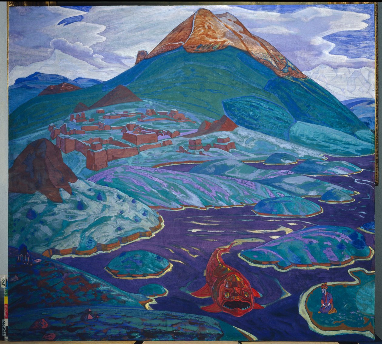 Paisagem fantástica. Um chudo yudo (monstro de água vermelha) nada nos meandros de um riacho de montanha, em direcção a um homem ajoelhado em contemplação na margem, em frente às ruínas de uma cidade fortificada. Trabalho de Nicholas (Nicholas) Roerich (18 de Nicholas Roerich