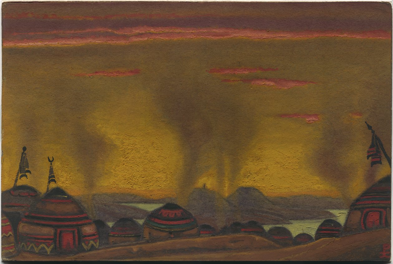 Acampamento Polovtsiano, decoração para "Danças Polovtsianas" da ópera de Borodin "Prince Igor", 1943 de Nicholas Roerich
