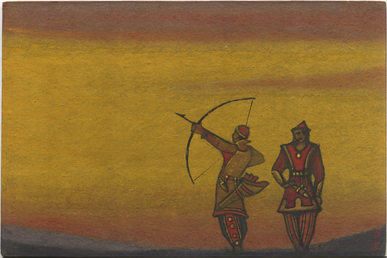 Polovtsianos, um com um arco, figurinos de "Danças Polovtsianas" da ópera de Borodin "Prince Igor", 1943 de Nicholas Roerich