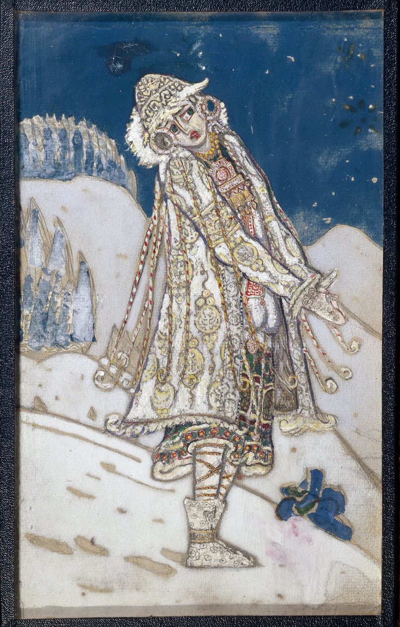 Projeto de figurino para a peça La demoiselle des neiges de Alexandre Ostrovski (1823-1886). (Figurinos para a peça de teatro Snow Maiden, de A. Ostrovsky). Obra de Nicholas Roerich (1874-1947), têmpera sobre papel de Nicholas Roerich