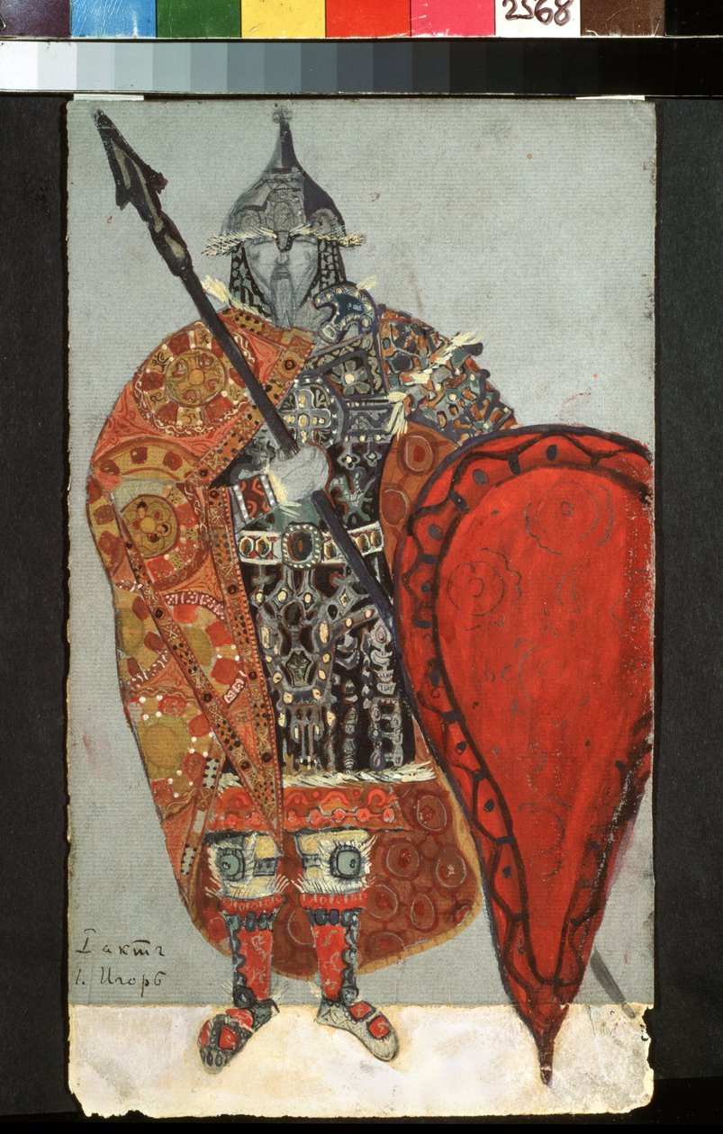 Desenho de figurino para a ópera Príncipe Igor de Alexander Borodin (1833-1887). Trabalho de Nicholas Roerich (1874-1947), lápis, guache e ouro sobre papel de Nicholas Roerich