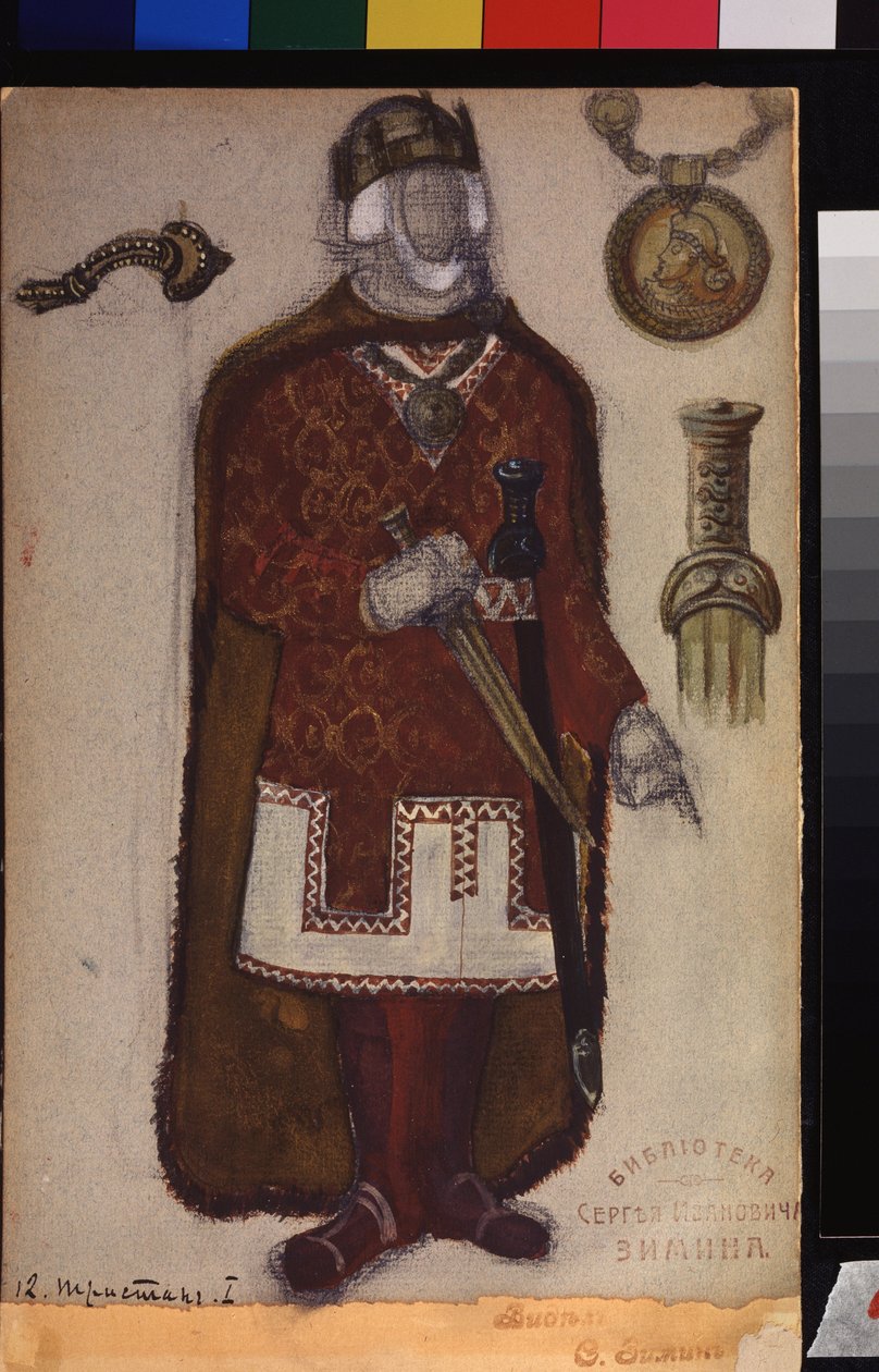 Desenho de trajes para a ópera Tristão e Isolda de Richard Wagner (1813-1883). Trabalho de Nicholas Roerich (1874-1947), lápis, guache e tinta sobre papel de Nicholas Roerich