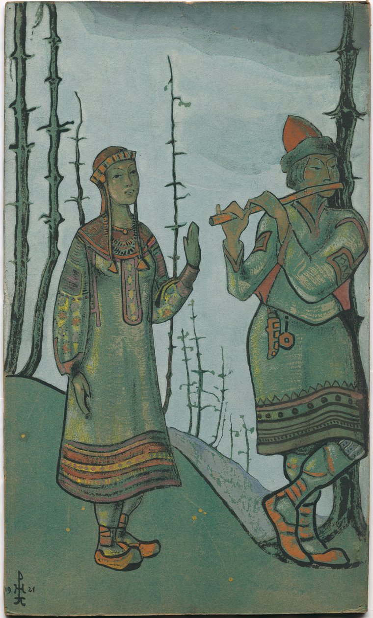 Snegurochka e Lel, figurino da ópera "Snegurochka" de Rimsky-Korsakov, 1921 de Nicholas Roerich