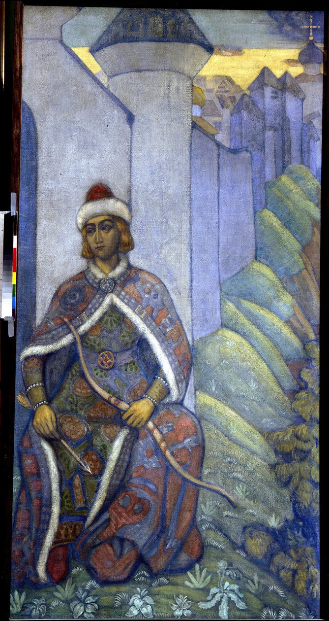 Um cavaleiro. Pintura por Nicholas Roerich (1874-1947), tempera sobre tela de Nicholas Roerich
