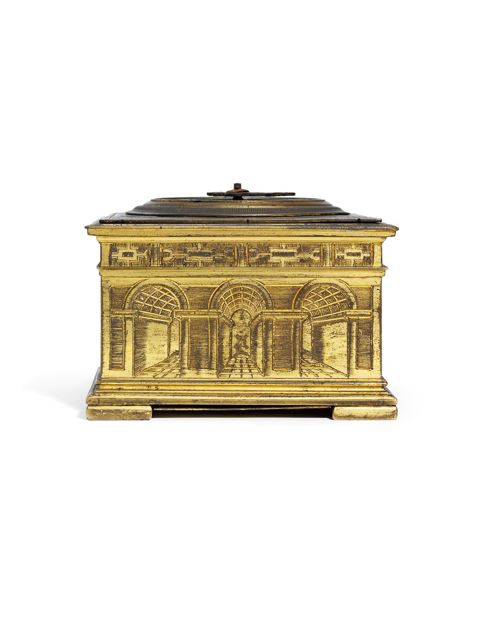 Elizabeth I gravou um impressionante relógio de mesa horizontal, c.1590-1600 (latão dourado) de Nicholas Vallin