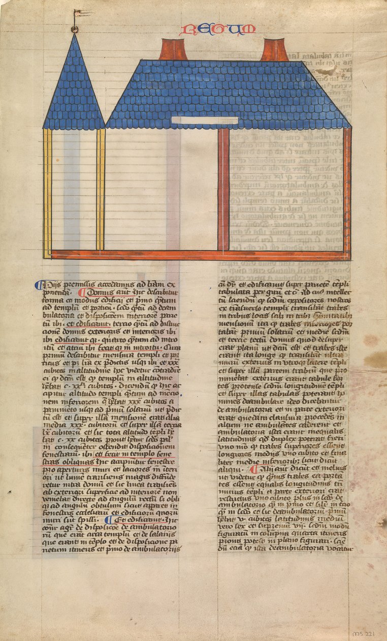 Elevação do Templo de Salomão, uma das seis folhas ilustradas da Postilla..., ca. 1360-1380. de Nicholas of Lyra