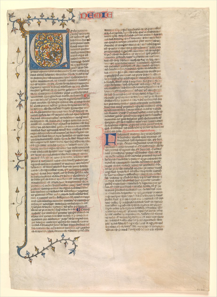 Inicial V do comentário de Neemias, uma das seis folhas ilustradas..., ca. 1360-1380. de Nicholas of Lyra