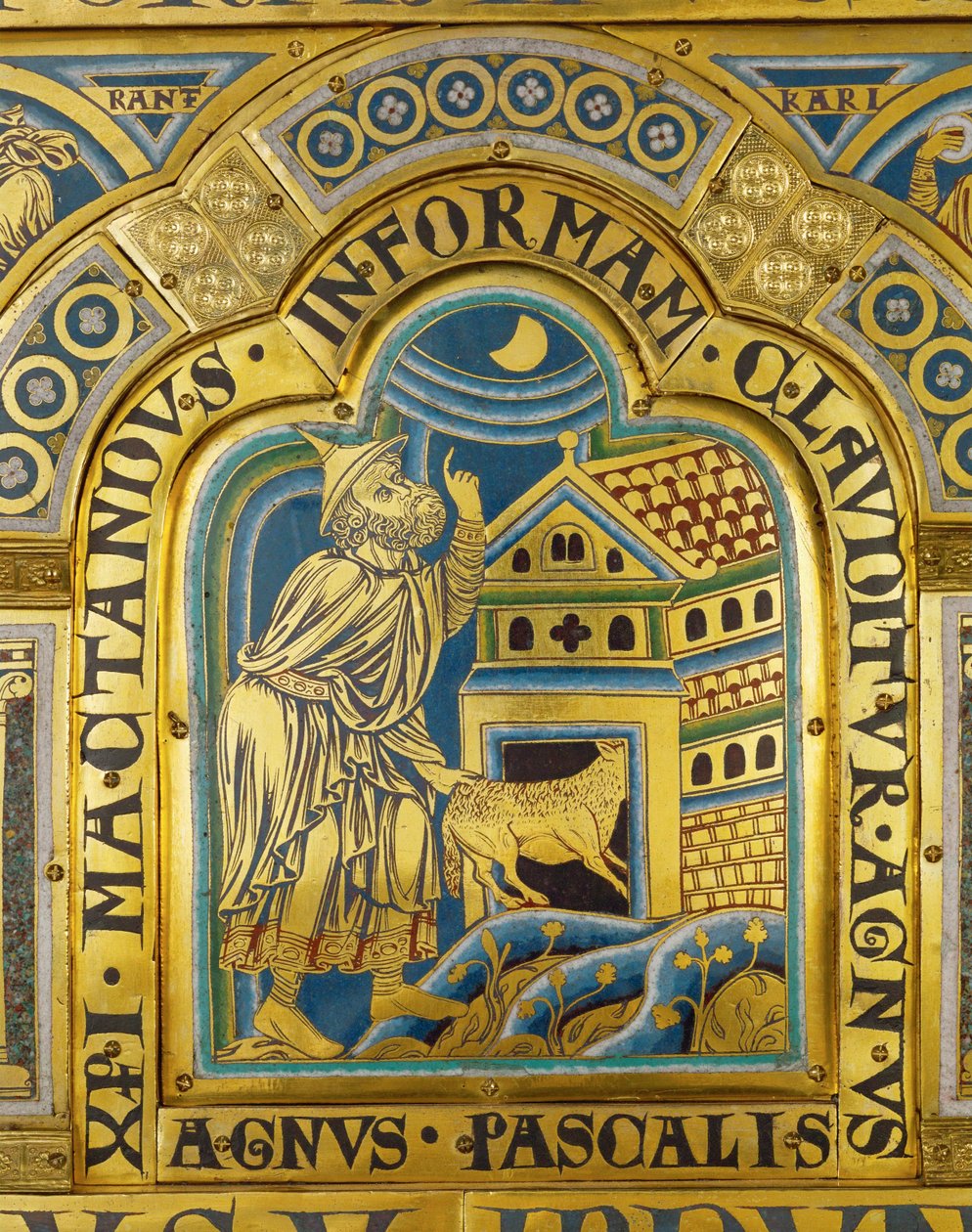 Agnus Pascalis, o Cordeiro simbólico da Páscoa ... (placa de esmalte em técnica champleve sobre cobre dourado) de Nicholas of Verdun