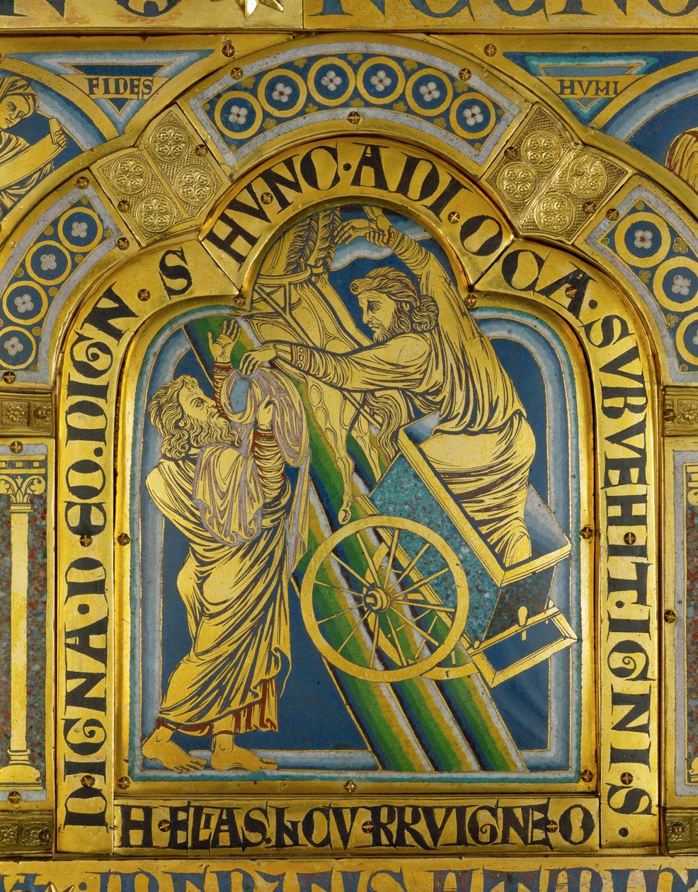 Ascensão do Profeta Eliah, do Altar de Verdun ... (placa de esmalte em técnica champleve sobre cobre dourado) de Nicholas of Verdun